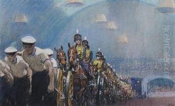 The Royal Navy And Royal 
Artillery Gun Teamswith Life Guards At The Royal Tournament, Olympia Oil Painting by Gilbert Holiday