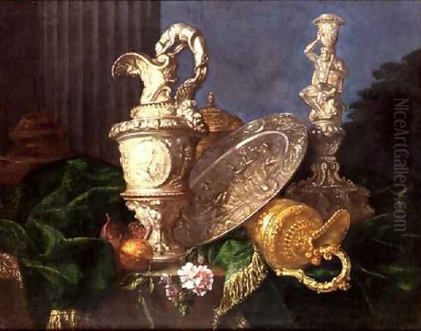 A Still Life of an Ornate Silver Ewer and a Silver Basin Oil Painting by Meiffren (Ephren) Conte (Leconte)