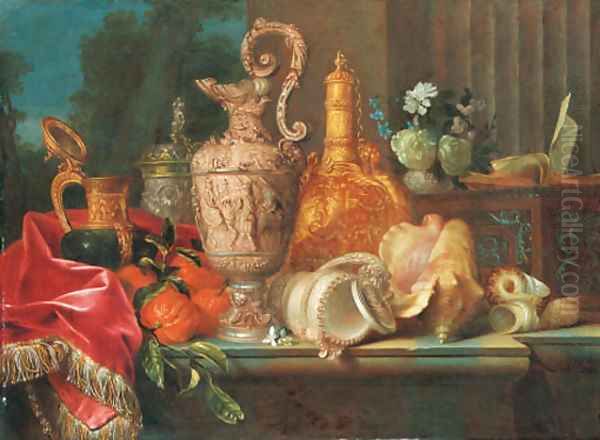 An ornamental silver ewer, a silver-gilt cup and cover and other flasks with fruit and flowers on a draped ledge Oil Painting by Meiffren (Ephren) Conte (Leconte)