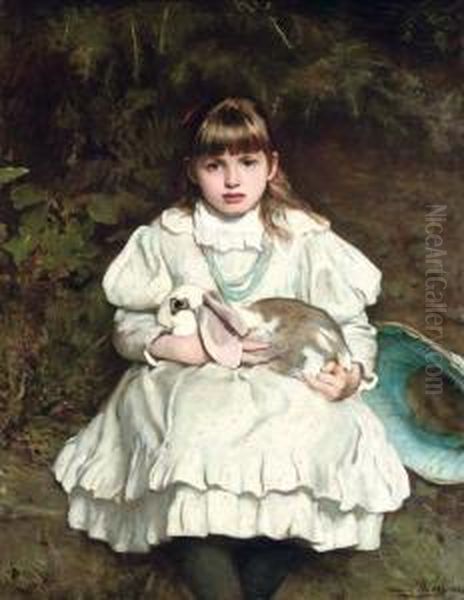 Portrait Of A Young Girl With Her Pet Rabbit Oil Painting by Frank Holl