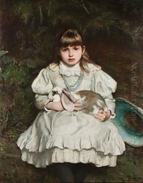 Portrait Of A Young Girl Holding A Pet Rabbit Oil Painting by Frank Holl