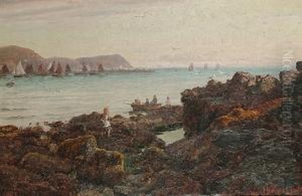 Figures On A Rocky Seashore, Thought To Be The Isle Of Man Oil Painting by John Holland