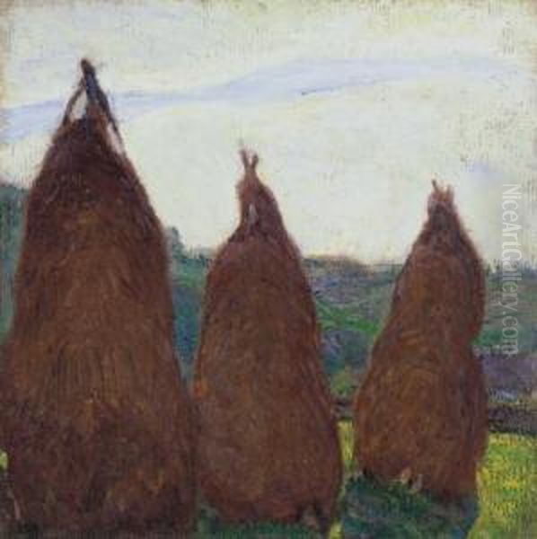 Three Haystacks Oil Painting by Simon Hollosy