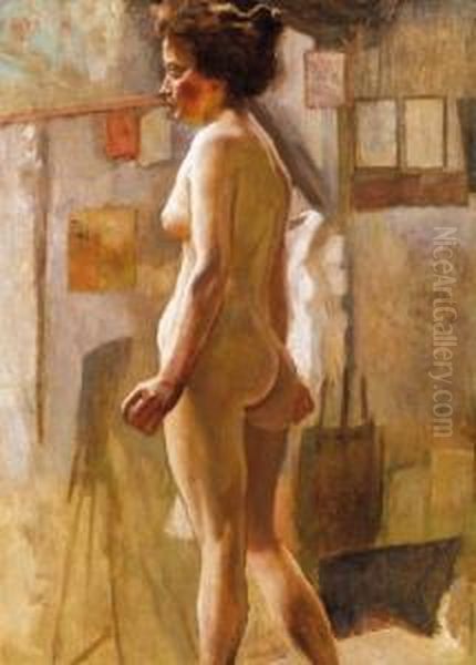 Nude In The Studio Oil Painting by Simon Hollosy