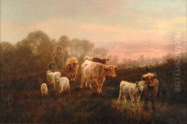 Cattle And Drover In A Landscape At Sunset Oil Painting by William Perring Hollyer