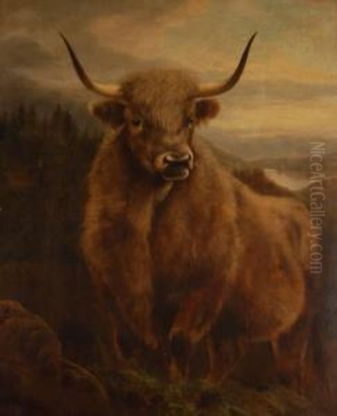 Highland Cow In Extensive Landscape Oil Painting by William Perring Hollyer