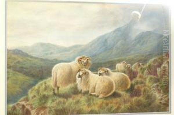 Horned Mountain Sheep, Resting Oil Painting by William Perring Hollyer