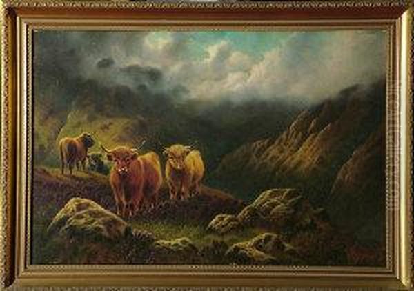 Highland Cattle Above A Misty Glen Oil Painting by William Perring Hollyer