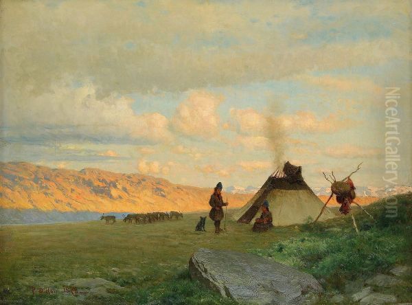 Landskap Med Samer Vid Katan Oil Painting by Per Daniel Holm