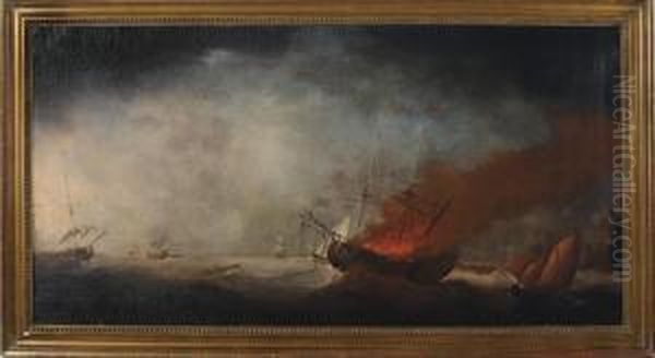 A Warship Ablaze On A Stormy Sea Oil Painting by Francis Holman