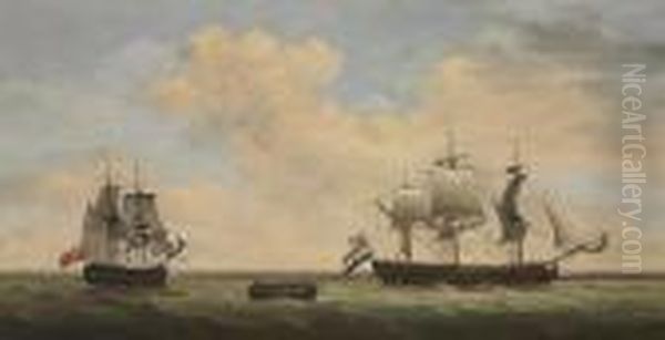 A Royal Navy 14-gun Brig Accepting The Surrender Of A Dutch Eastindiaman Oil Painting by Francis Holman