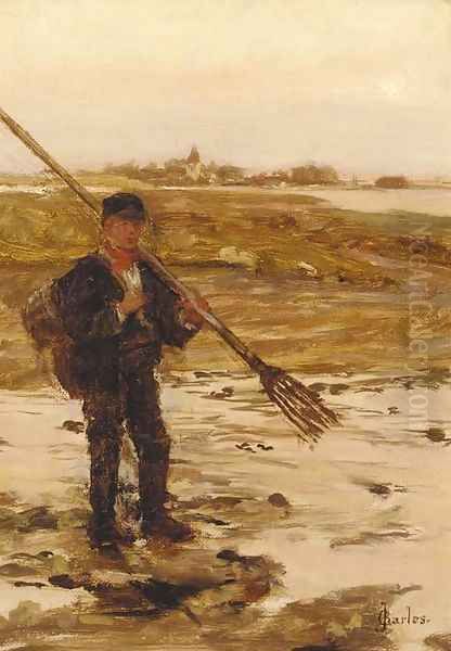 A fisherman on the shore with a town beyond Oil Painting by James Charles