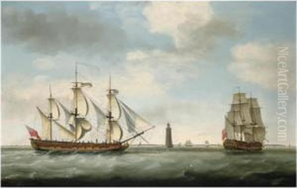 Captain John Carr And His Ship Vere , In Two Positions Off The Eddystone Lighthouse Oil Painting by Francis Holman