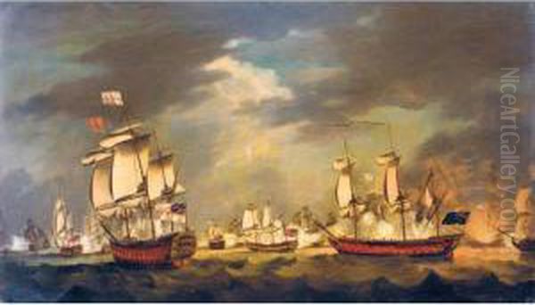 A Naval Engagement, Probably The
 Moonlight Battle: The Battle Of Cape St Vincent, 16th January 1780 Oil Painting by Francis Holman