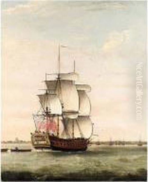 Man'o'war In Full Sail; Hauling In The Nets Oil Painting by Francis Holman