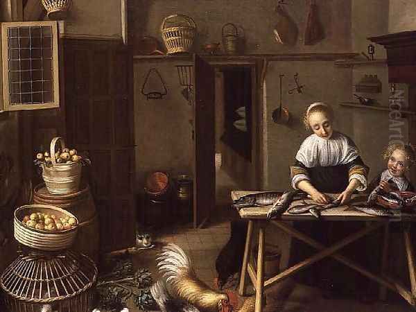 A Woman Preparing Fish in her Kitchen Oil Painting by Reinier or Reynier Coveyn or Covyn