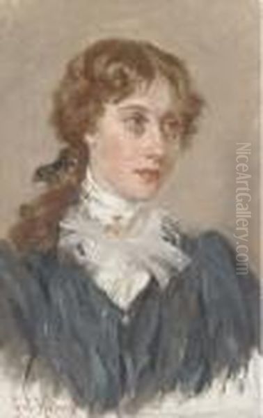 Portrait Of A Young Lady, Bust-length, In A Black Dress And Whiteshirt Oil Painting by George Holmes