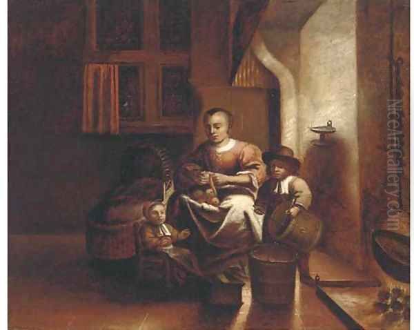 A kitchen interior with a woman and children Oil Painting by Reinier or Reynier Coveyn or Covyn