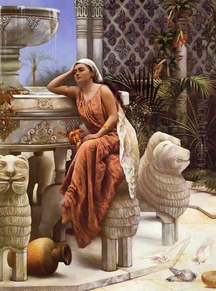 A Restful Moment by the Lion Fountain at the Alhambra, Spain Oil Painting by Margaret Murray Cookesley