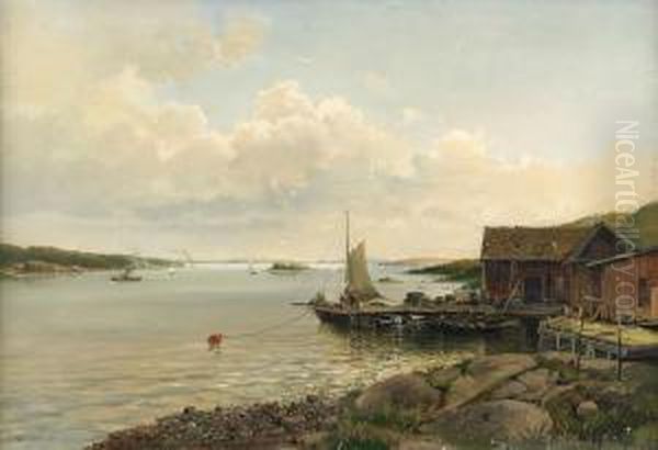 Kustlandskap Med Batar Och Byggnader Vid Brygga Oil Painting by Josefina Holmlund