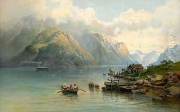 Fjordlandskap Med Batar Och Manniskor Oil Painting by Josefina Holmlund