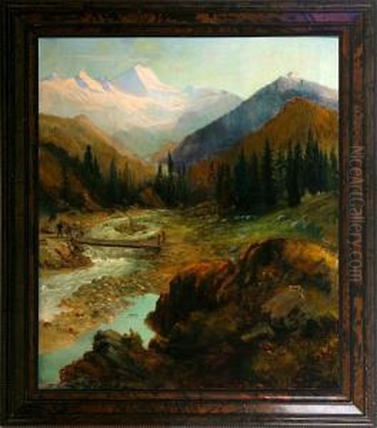 An Alp Scenery With Rapids And A Walking Bridge With A Walking Man. Signed Oil Painting by Josefina Holmlund