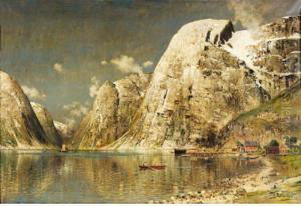 Roendes Pa En Fjord (rowing On A Fjord) Oil Painting by Johann Holmstedt