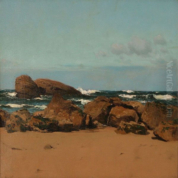 Beach Scene With Big Rocks Oil Painting by Lauritz B. Holst