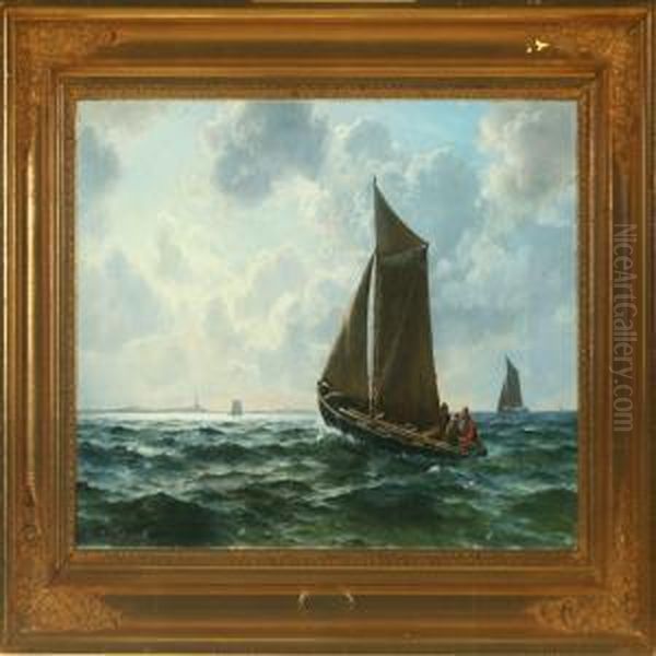 Seascape With Sailingships In The Background City Oil Painting by Lauritz B. Holst