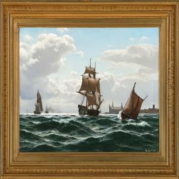 Sailing Ships Off The Coast Of Elsinore Castle Oil Painting by Lauritz B. Holst