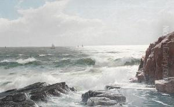 A Rocky Shoreline With Yachts In Thedistance Oil Painting by Lauritz B. Holst