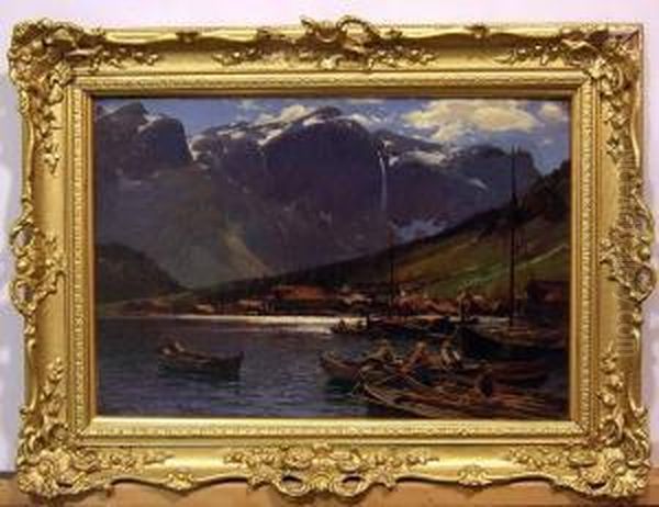 Fiskare Pa Fjorden, Norge. Oil Painting by Lauritz B. Holst