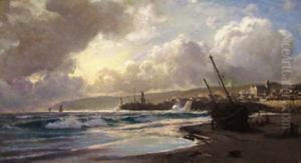 Moored Boat On A Beach Oil Painting by Lauritz B. Holst