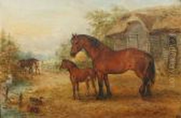 Horse And Foal By A Thatched Barn; Cattlewatering By A Bridge Oil Painting by Edwin Frederick Holt