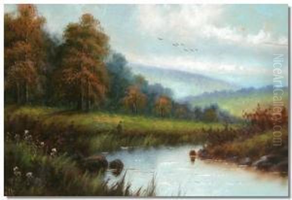 Landscape Scene With A River Oil Painting by Edwin Frederick Holt