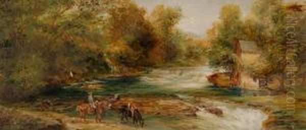 Horse Riders Near Sedgewick Falls On The River Kent Between Carnforth And Keswick Oil Painting by Edwin Frederick Holt