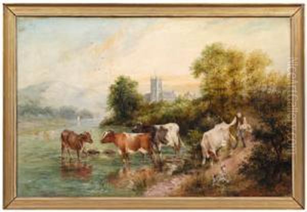 An Evening Scene& Cows On The Banks Of The Severn Oil Painting by Edwin Frederick Holt