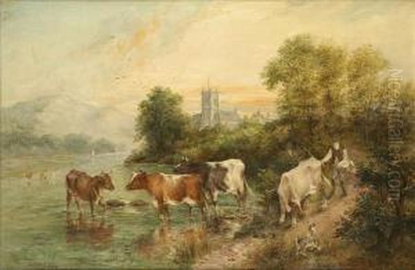 Evening,the Banks Of The Severn, With Cattle, Drover And Dog Oil Painting by Edwin Frederick Holt