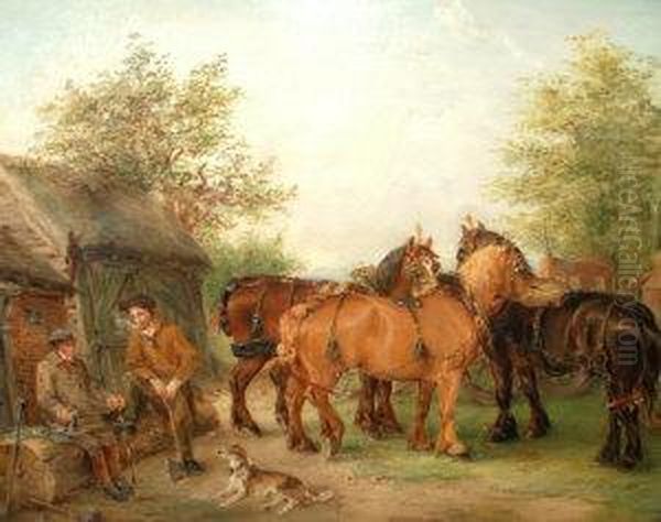 183-1912- Figures And Cart Horses Resting Along A Lane Oil Painting by Edwin Frederick Holt