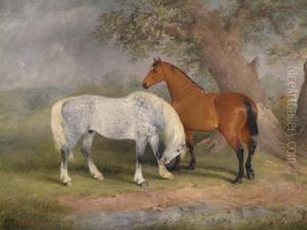 Dapple Grey And Chestnut Horses In A Landscape Signed And Dated 189 18 X 24in Oil Painting by Edwin Frederick Holt