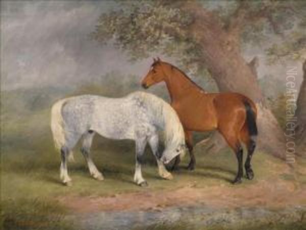 Dapple Grey And Chestnut Horses In A Landscape In The Rain Oil Painting by Edwin Frederick Holt