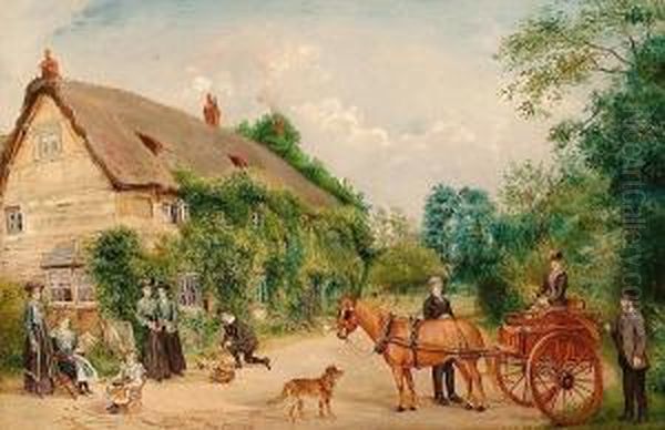 A Pony And Trap In Front Of Cottages. Oil Painting by Edwin Frederick Holt