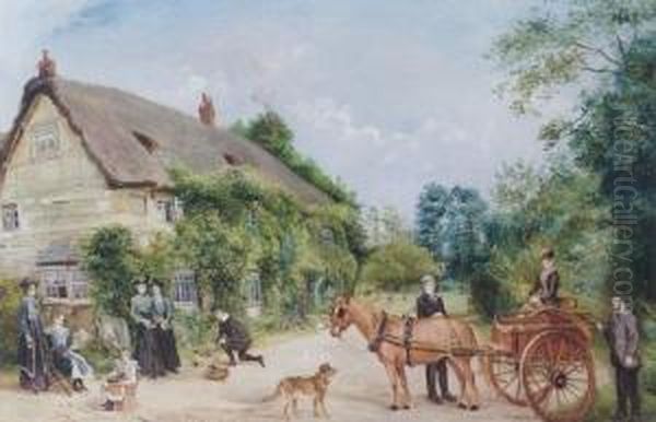 A Pony And Trap In Front Of Cottages Oil Painting by Edwin Frederick Holt