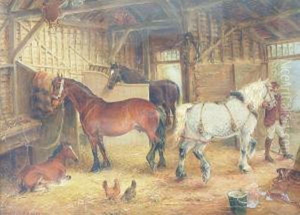 'horses In A Stable Interior' And 'horses In A Barn' Oil Painting by Edwin Frederick Holt