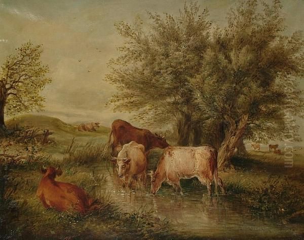 Cattle Watering Oil Painting by Edwin Frederick Holt