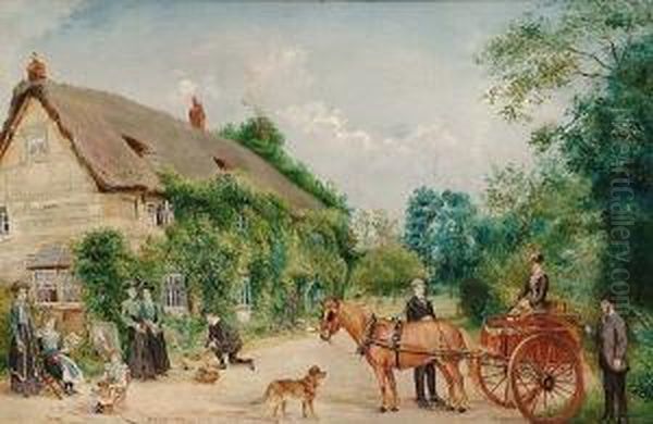 View Of A Village, With Figures And A Pony And Trap Oil Painting by Edwin Frederick Holt