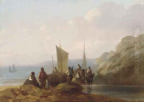 Fishermen congregating on the shore Oil Painting by Sir Augustus Wall Callcott