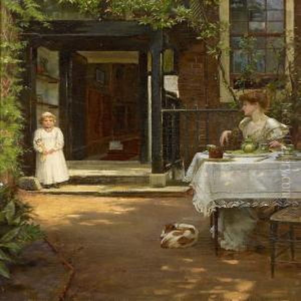 Mother And Child Inthe Garden Oil Painting by Rowland Holyoake