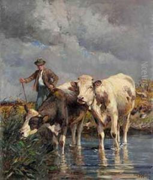 Bauer Mit Zwei Kuhen Am Wasser. Oil Painting by Johann Daniel Holz