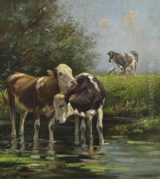 Kalber Am Wasser. Oil Painting by Johann Daniel Holz